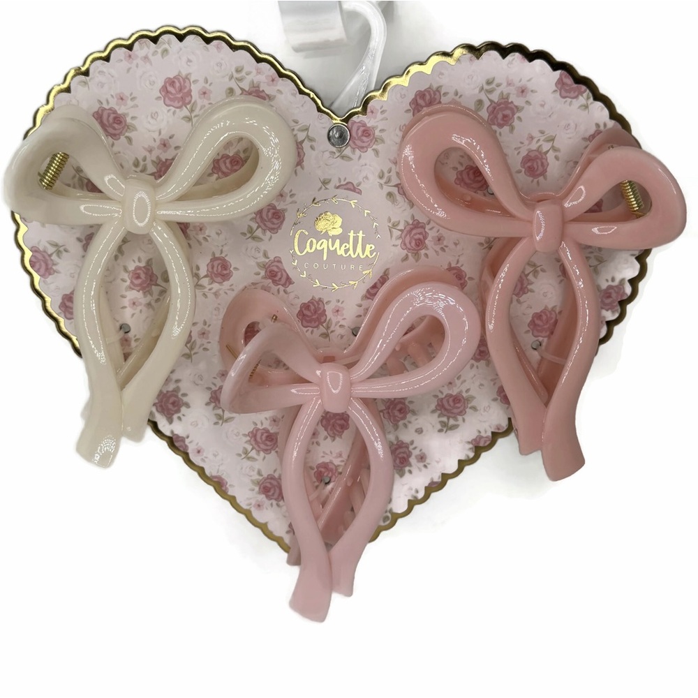 Coquette Couture Ribbon Bow Design Hair Claw Clips Pink White Set of 3